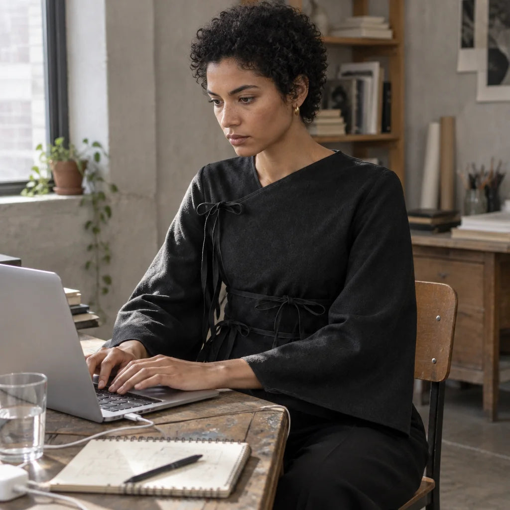 A fashion photograph of the exact black asymmetric wrap top from the reference, its slanted neckline