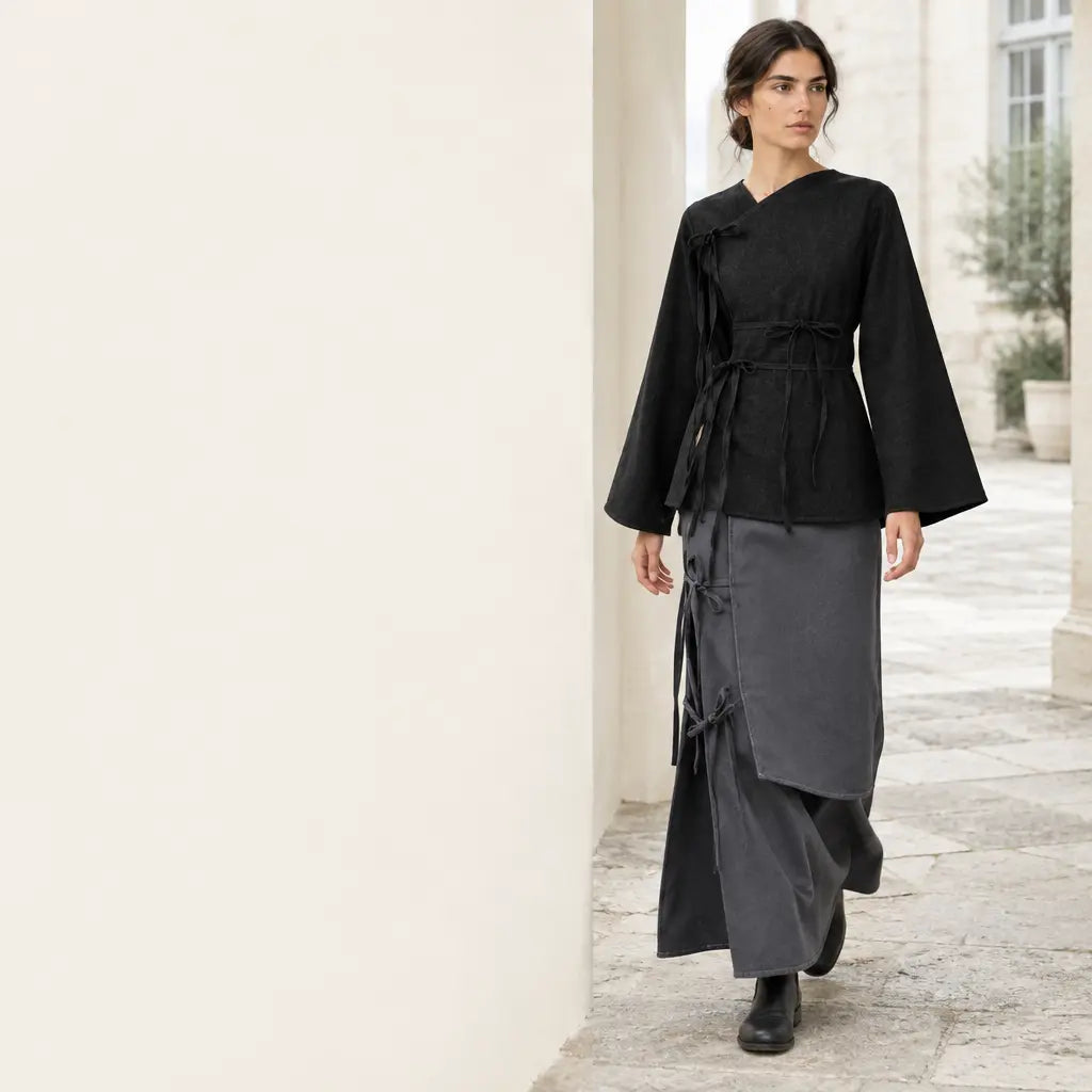 A fashion photograph of the exact black asymmetrical long-sleeved top from reference r02, with its d