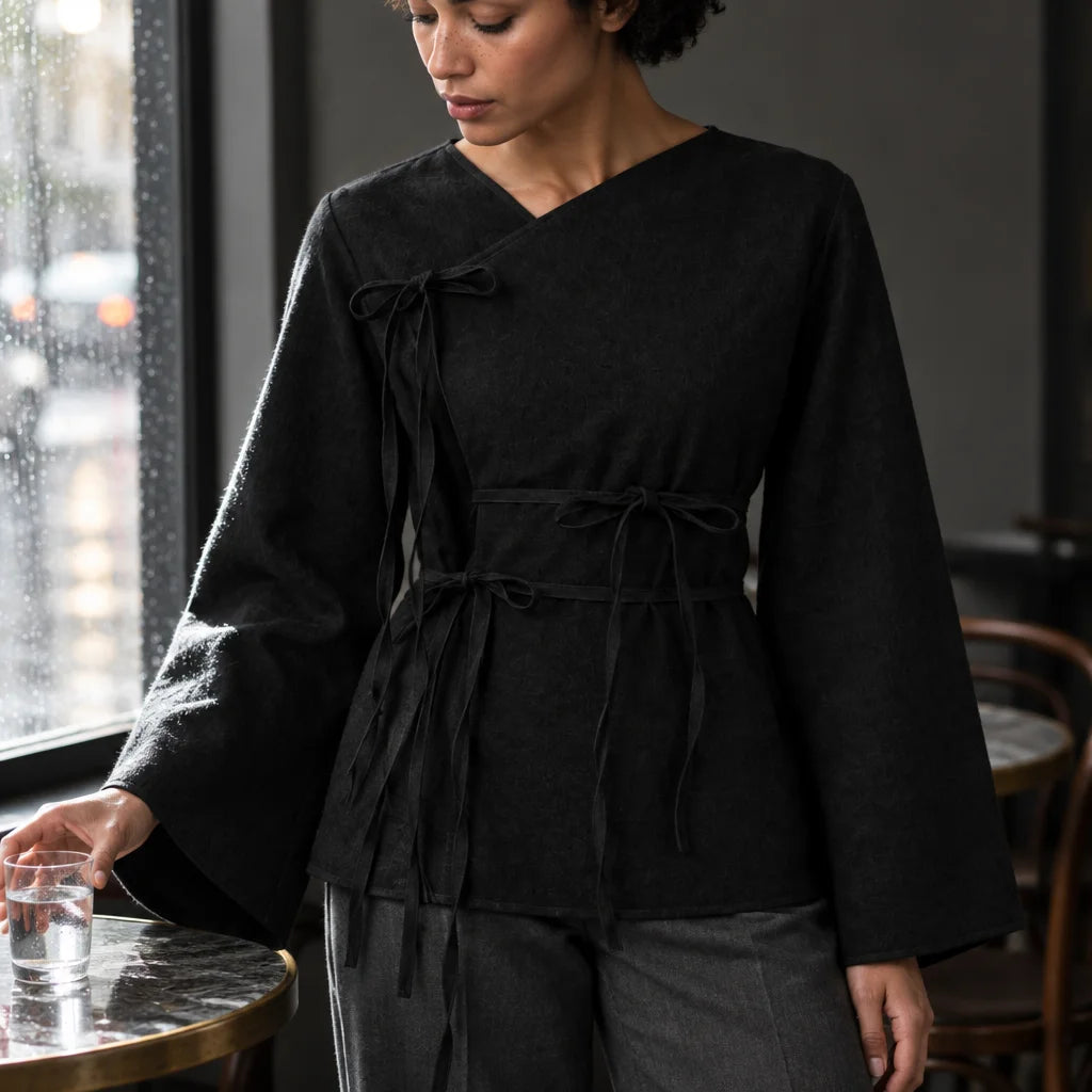 A fashion photograph of the exact black asymmetric wrap top from the reference, showing its diagonal
